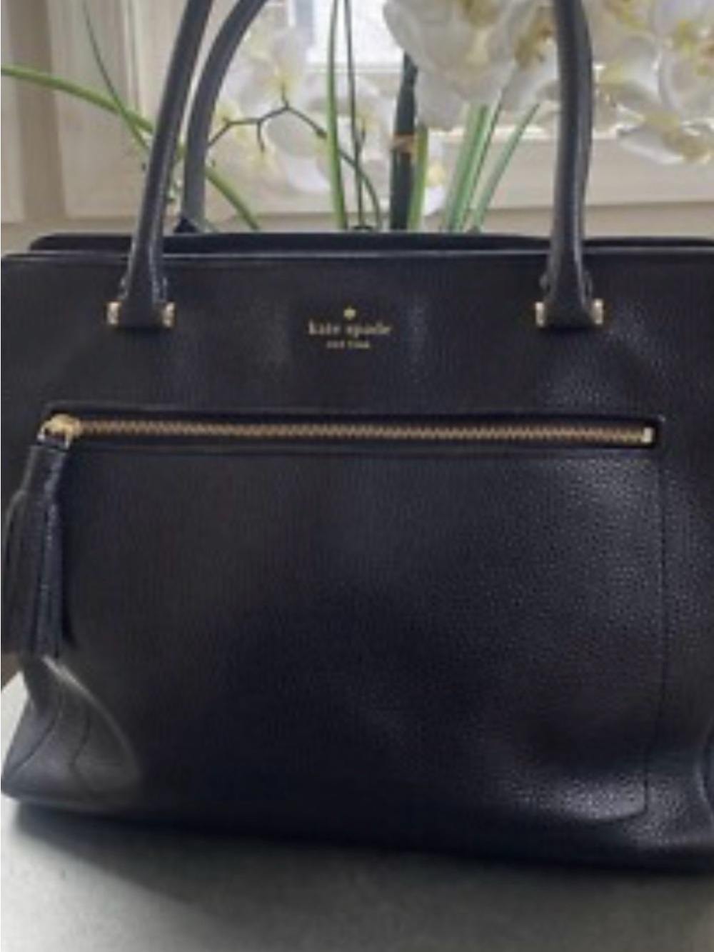 kate spade Black Pebbled Leather Laptop Tote with Gold Hardware